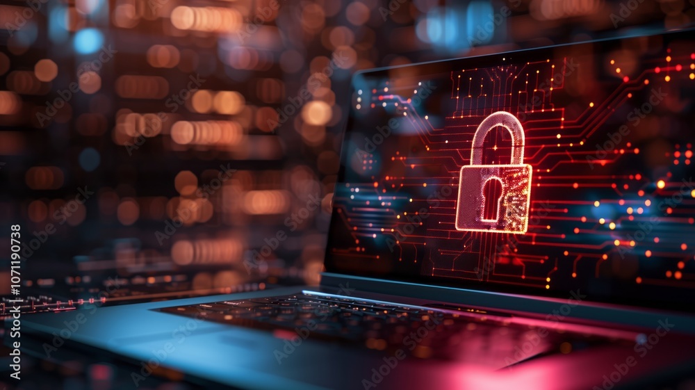 A laptop screen displaying a red padlock icon on a digital circuit background