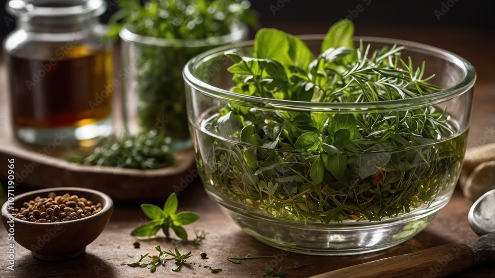 A bowl of fresh herbs in oil, showcasing culinary ingredients for cooking. A bowl of fresh herbs in oil, showcasing culinary ingredients for cooking.
