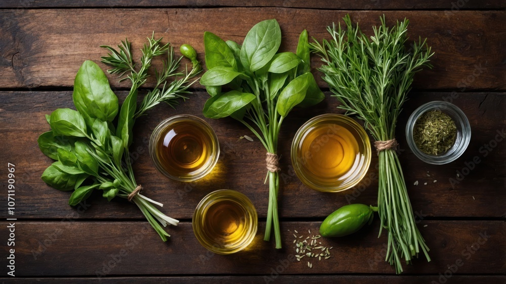 Fresh herbs and oils arranged on a wooden surface for culinary use. Fresh herbs and oils arranged on a wooden surface for culinary use.