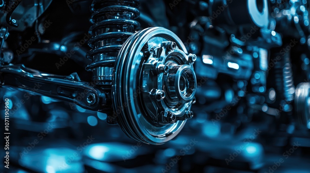 Fototapeta premium Close-up of a car's suspension system with a brake disc and shock absorber.
