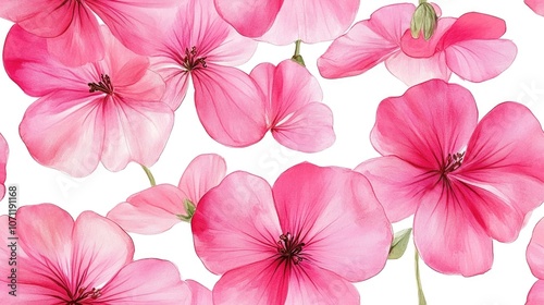 Seamless pattern featuring vibrant pink geraniums in a delicate watercolor style ideal for fabric or wallpaper design