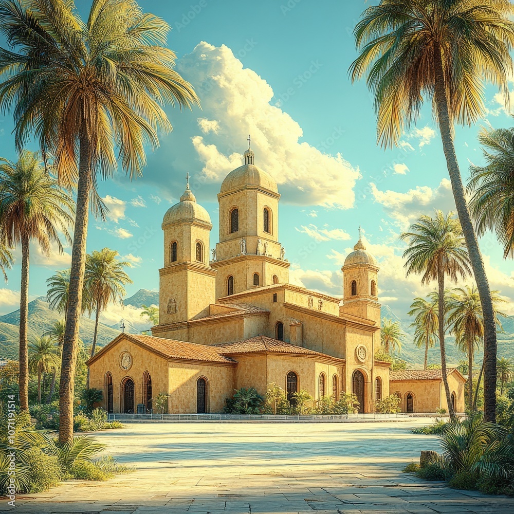 Fototapeta premium Stunning Mediterranean Church with Palm Trees and Blue Sky in Sunshine | Captivating Architecture, Lush Palm Surroundings, Historical Building in Scenic Landscape