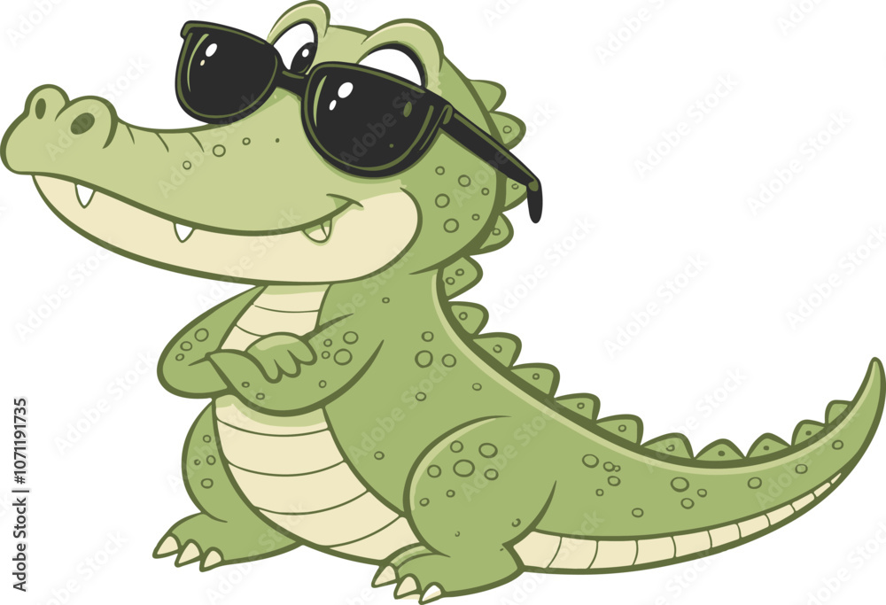 Naklejka premium Little crocodile using black sunglasses vector illustration.