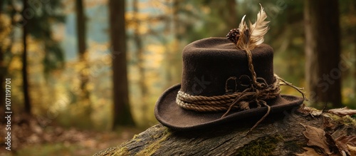 Traditional Bavarian hat with feather and rope details, forested background photo