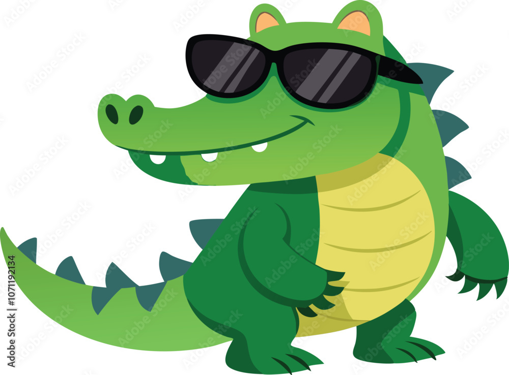 Fototapeta premium Little crocodile using black sunglasses vector illustration.