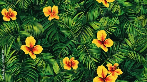 Vibrant seamless pattern featuring hand drawn tropical leaves and exotic flowers ideal for textiles and decorative designs