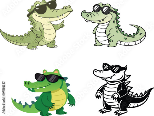 Little crocodile using black sunglasses vector illustration.