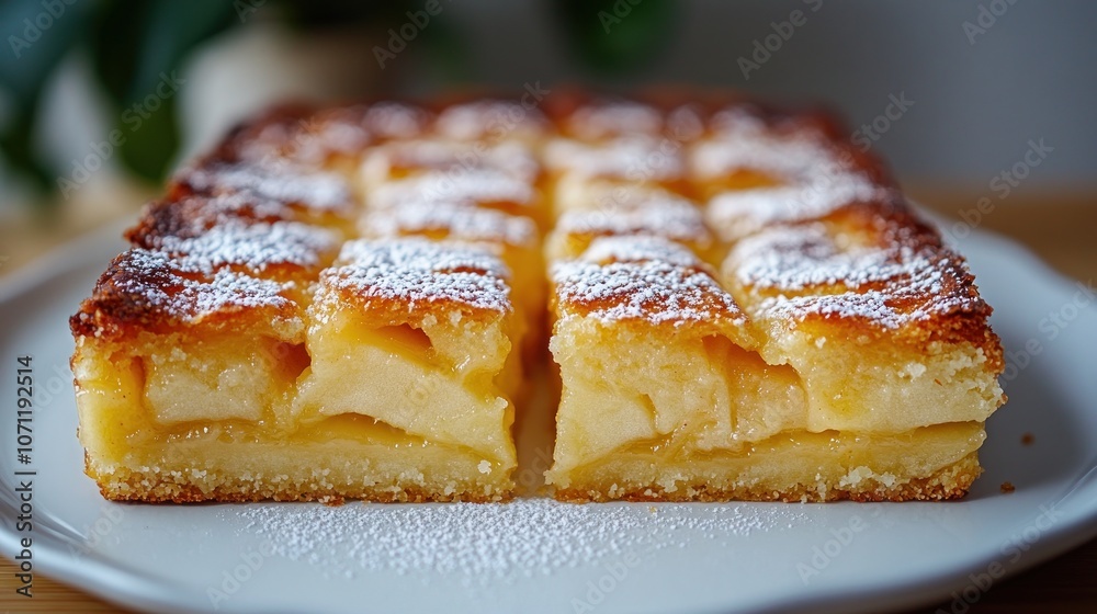 A freshly baked apple cake, cut into slices and dusted with powdered sugar, sits on a white plate on a wooden table. A freshly baked apple cake, cut into slices and dusted with powdered sugar, sits on a white plate on a wooden table.