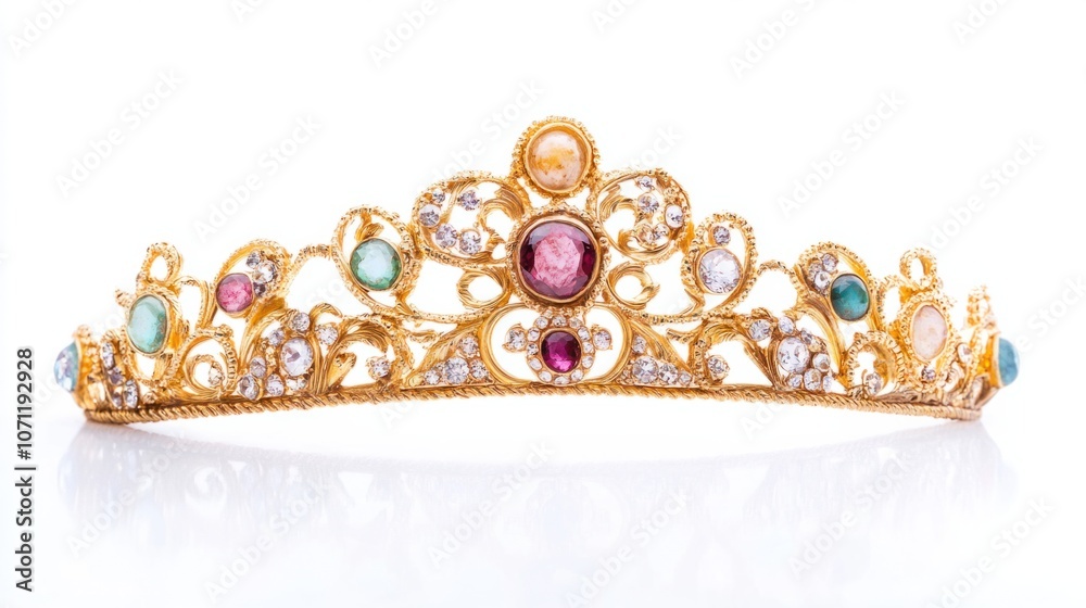 Golden crown with precious stones, isolated on white background, ideal for royalty and luxury themes Golden crown with precious stones, isolated on white background, ideal for royalty and luxury themes