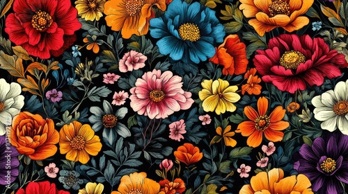 Hand drawn seamless floral pattern featuring vibrant summer flowers on a dark background ideal for textile design or wallpaper applications