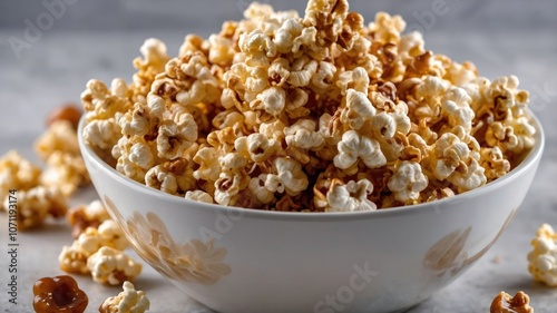 A bowl of popcorn filled with fluffy kernels, perfect for snacking during movies or events.