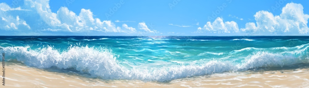 Fototapeta premium Ocean Wave Crashing on Sandy Beach with Blue Sky and Clouds