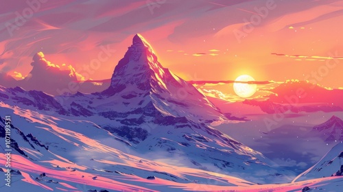 Snowy Mountain Peak at Sunset