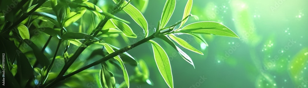 Fototapeta premium Fresh Green Leaves in Sunlight with Bokeh Background