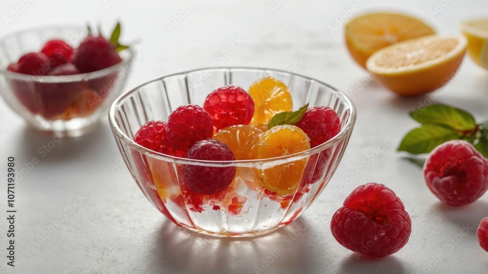 A clear bowl filled with fresh raspberries and citrus slices, garnished with mint leaves. A clear bowl filled with fresh raspberries and citrus slices, garnished with mint leaves.