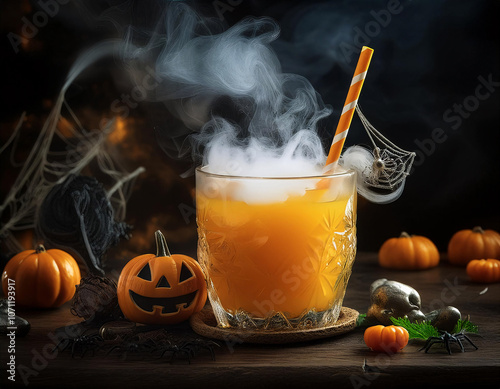 A spooky Halloween-themed drink in a glass with orange liquid, emitting smoke, decorated with a spider web stirrer, surrounded by pumpkins and plastic spiders photo