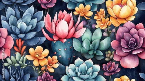 Seamless pattern featuring vibrant succulents and blooming cacti in watercolor ideal for fabric design and home decor