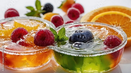 Colorful gelatin desserts topped with fruits and mint leaves, served in clear bowls. photo