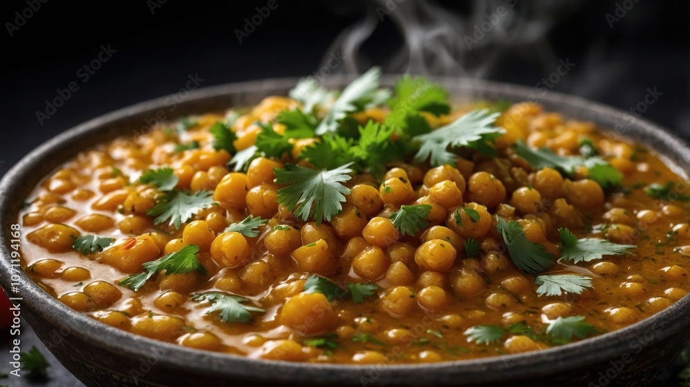 A steaming bowl of chickpea curry garnished with fresh cilantro. A steaming bowl of chickpea curry garnished with fresh cilantro.
