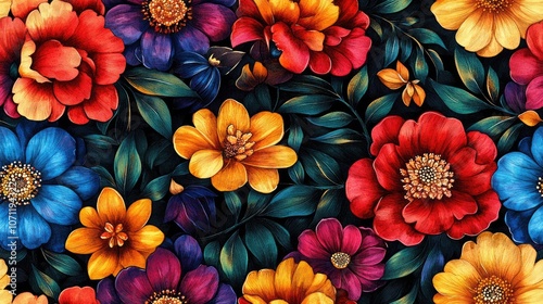 Watercolor seamless pattern featuring vibrant flowers with Indian ornamental design perfect for textile and home decor applications