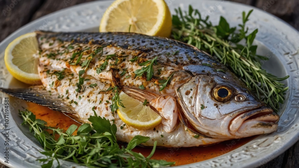 A beautifully presented grilled fish garnished with lemon and fresh herbs on a decorative plate. A beautifully presented grilled fish garnished with lemon and fresh herbs on a decorative plate.