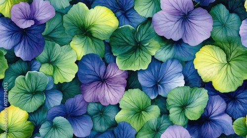 Seamless pattern of vibrant begonia leaves in green and purple hues botanical watercolor illustration for fabric and wallpaper design