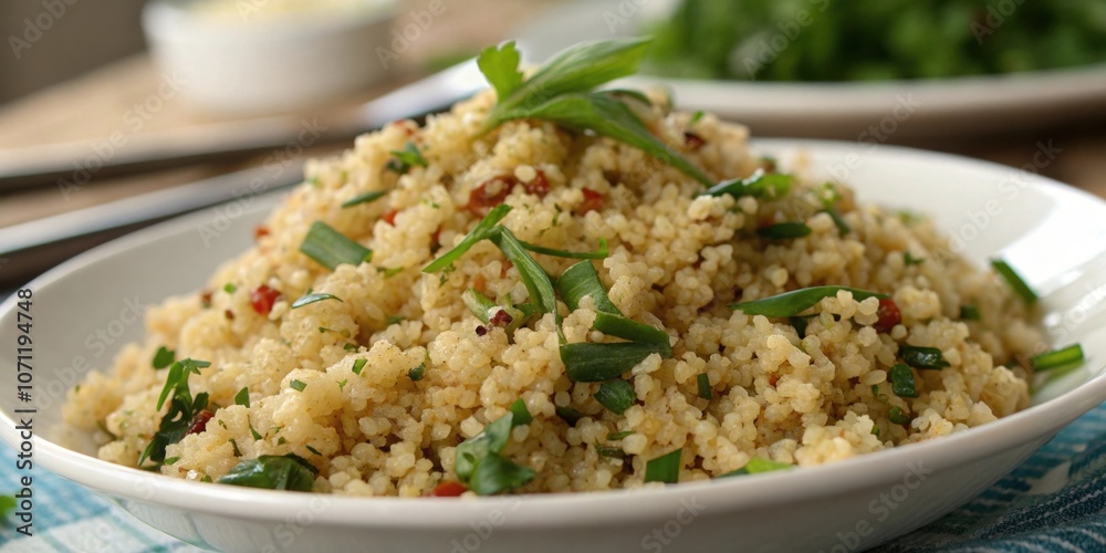 Grains Section Closeup of a portion of the plate displaying brown rice and quinoa with flecks of green herbs sprinkled on top emphasizing a nutritious carbohydrate choice.