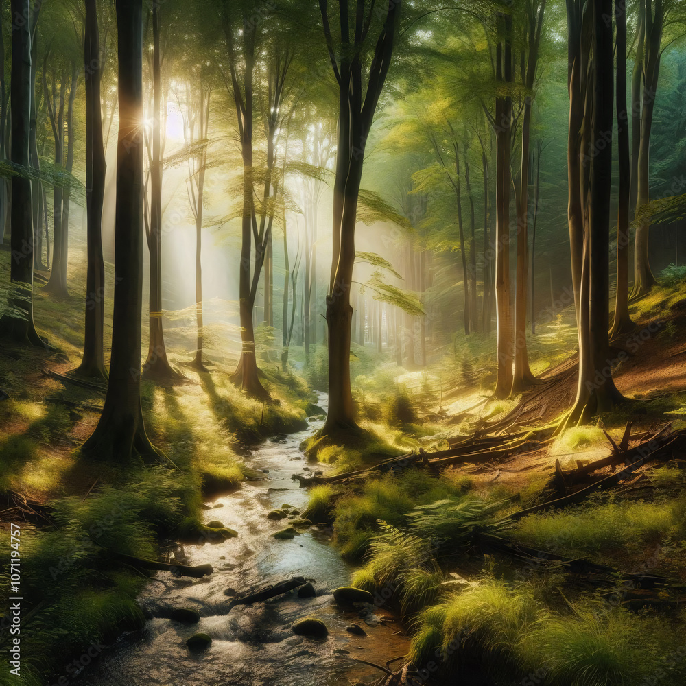 Obraz premium Sunbeams illuminate a lush forest with a winding stream