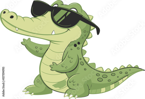 Little crocodile using black sunglasses vector illustration.