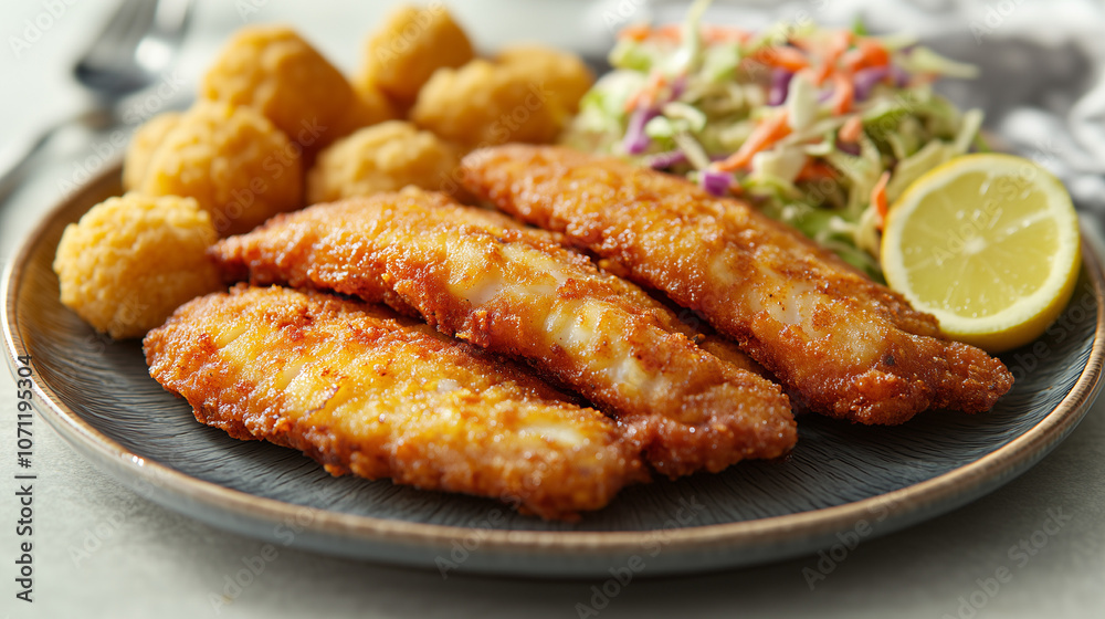 Golden crispy fried fish fillets served with hush puppies, coleslaw, and a lemon wedge on a rustic plate Golden crispy fried fish fillets served with hush puppies, coleslaw, and a lemon wedge on a rustic plate