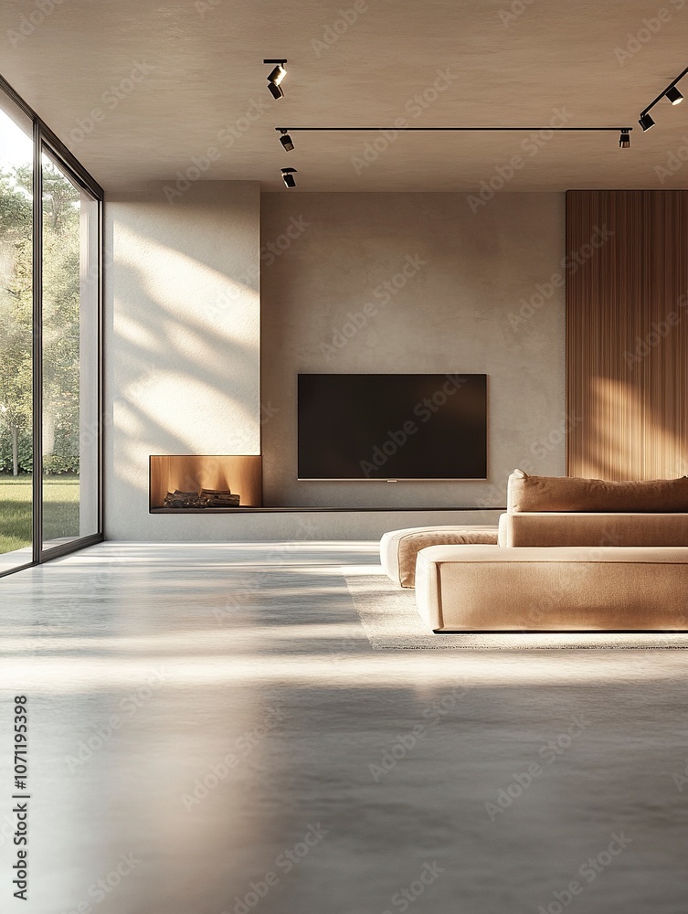 Fototapeta premium Autumn, minimal modern living room with beige walls, concrete floor and wood wall panels, large tv on the back wall, soft sofa chairs in neutral tones, generative ai