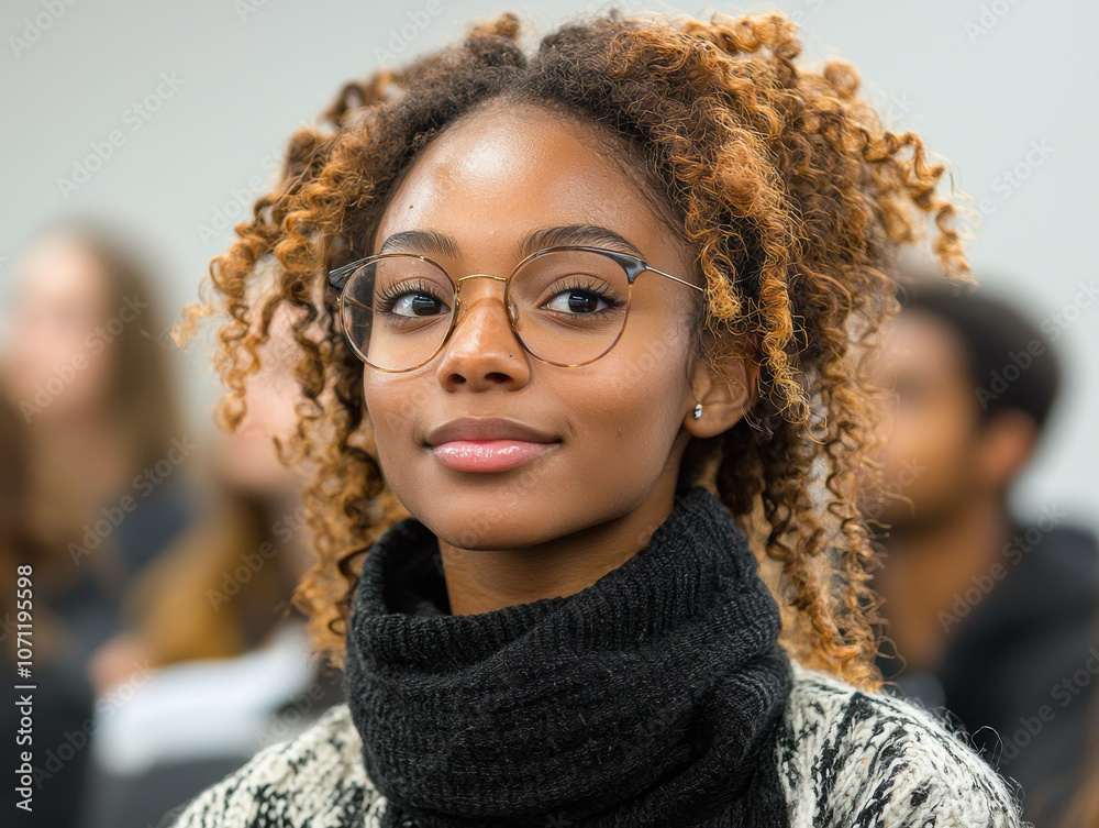 young woman with curly hair and glasses, wearing scarf, smiles warmly young woman with curly hair and glasses, wearing scarf, smiles warmly