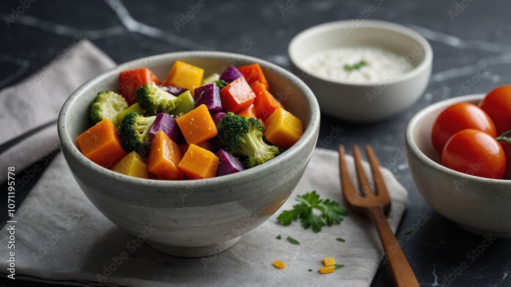 A colorful bowl of mixed vegetables with a side of cherry tomatoes and dip. A colorful bowl of mixed vegetables with a side of cherry tomatoes and dip.