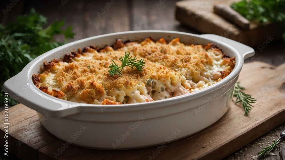 A delicious baked pasta dish topped with a golden crust, served in a white casserole dish. A delicious baked pasta dish topped with a golden crust, served in a white casserole dish.