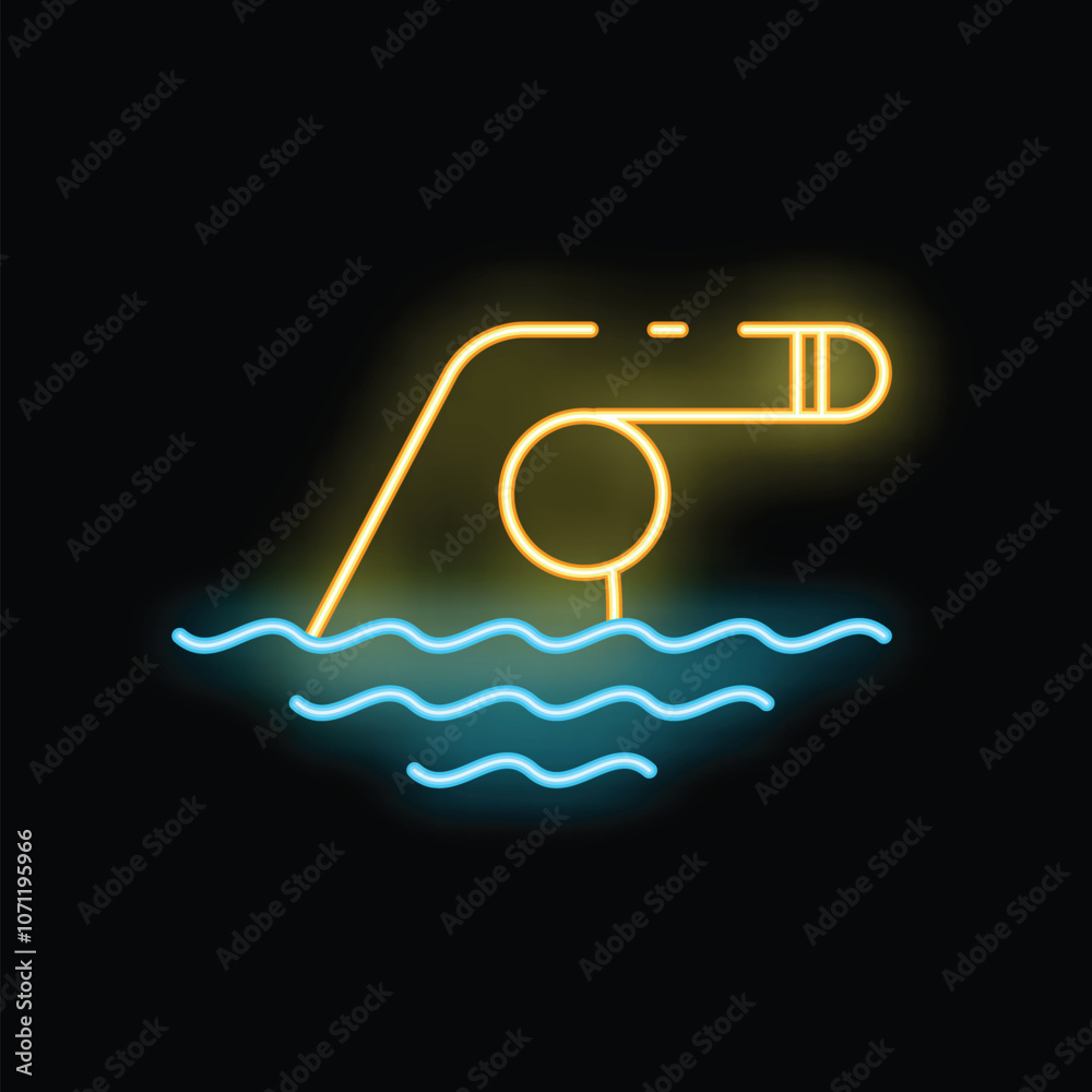 Neon icon of a person diving into blue water from a yellow springboard Neon icon of a person diving into blue water from a yellow springboard