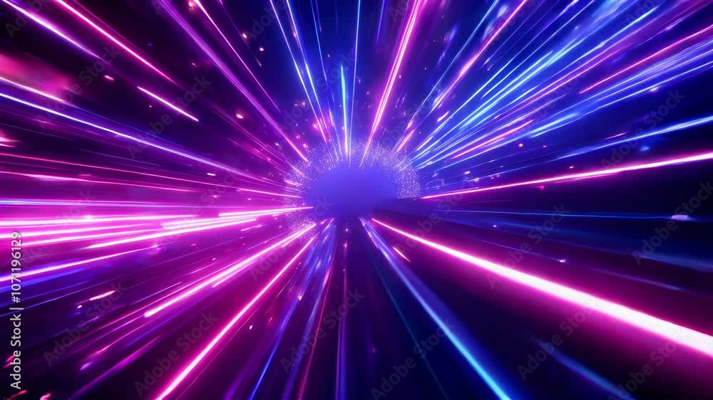 Vibrant neon light trails streak across the screen