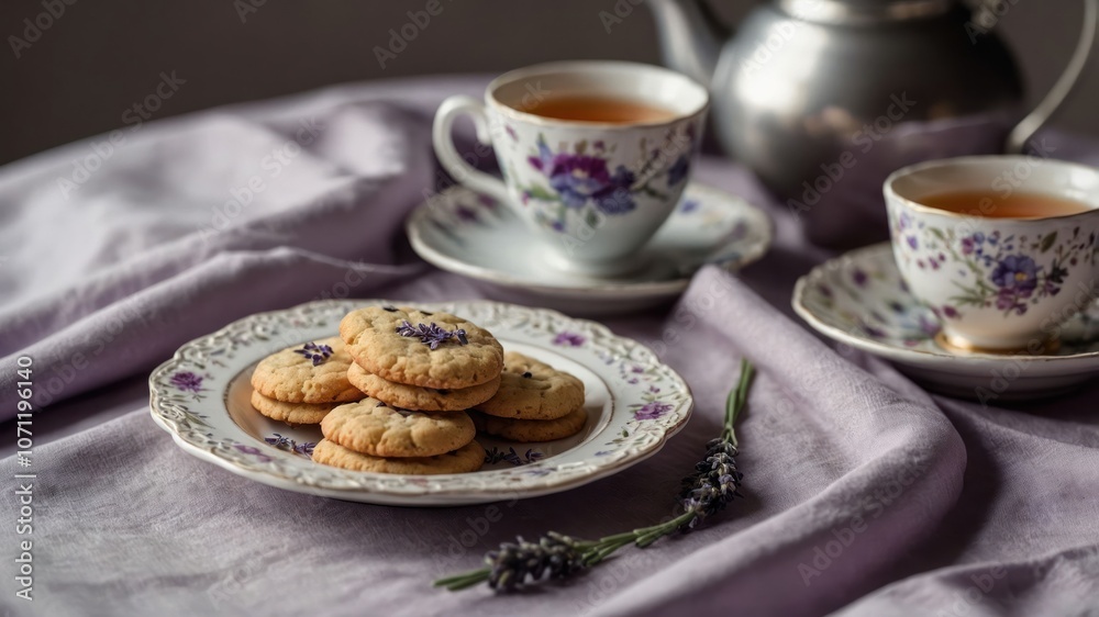 A serene tea setting with cookies and lavender on a floral plate. A serene tea setting with cookies and lavender on a floral plate.
