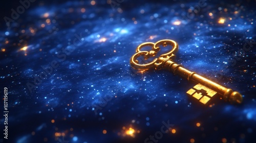 A golden key lies on a blue galaxy background, representing opportunity, potential, and unlocking new possibilities.