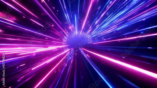 Vibrant neon light trails streak across the screen