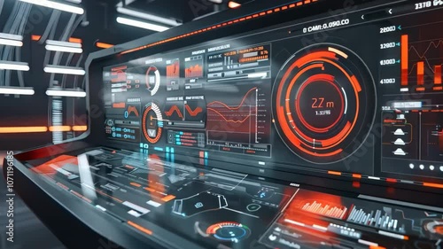 Futuristic dashboard with vibrant red data visualizations and graphs in a sleek, modern design for technology themes.
