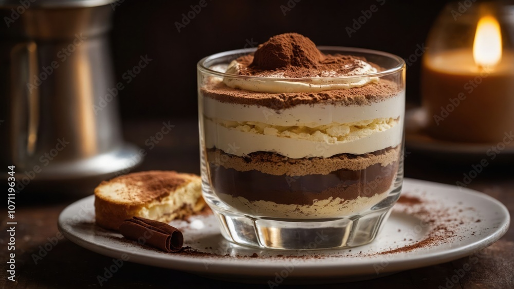 A delicious layered dessert featuring cream, chocolate, and cocoa powder in a glass. A delicious layered dessert featuring cream, chocolate, and cocoa powder in a glass.