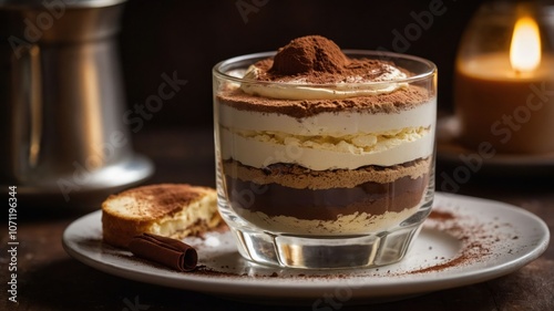 A delicious layered dessert featuring cream, chocolate, and cocoa powder in a glass.