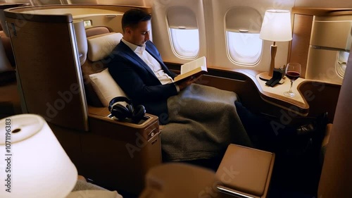 Executive relaxing in a reclining business class seat, reading a book with a blanket and personal amenities, capturing the comfort and exclusivity of business class travel