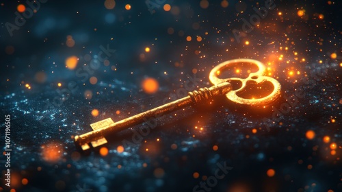 A golden key with a heart-shaped bow lies on a black background with bright bokeh lights. photo