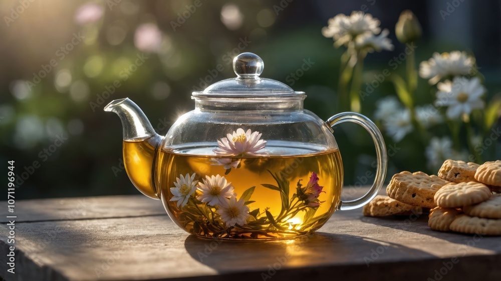 A glass teapot filled with herbal tea and flowers, accompanied by cookies on a wooden table. A glass teapot filled with herbal tea and flowers, accompanied by cookies on a wooden table.