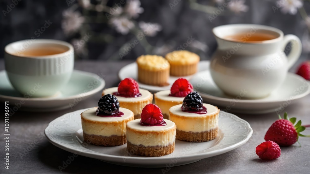 A delightful display of mini cheesecakes topped with berries, served with tea. A delightful display of mini cheesecakes topped with berries, served with tea.
