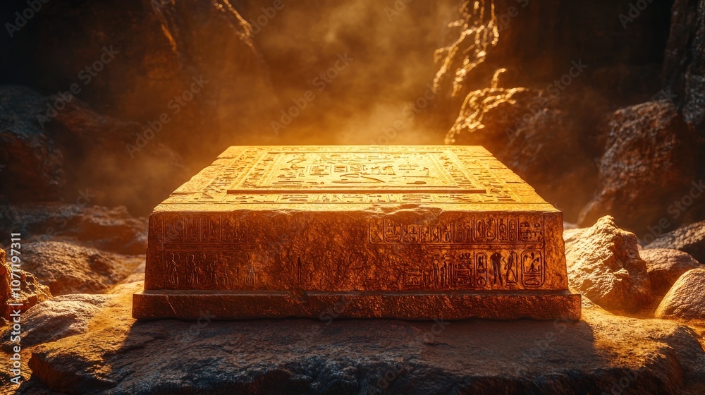 A golden pedestal sits on a rocky surface with a glowing light emanating from behind. A golden pedestal sits on a rocky surface with a glowing light emanating from behind.
