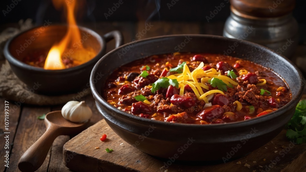 A hearty bowl of chili topped with cheese and herbs, served with a side of garlic. A hearty bowl of chili topped with cheese and herbs, served with a side of garlic.