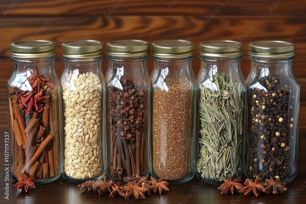 Assorted Spices in Glass Jars on Wooden Background Assorted Spices in Glass Jars on Wooden Background