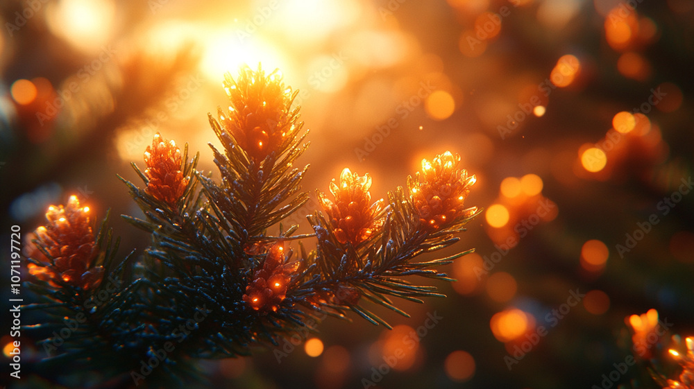 Fototapeta premium A beautiful winter scene with blue and orange lights, snowflakes on the branches of an evergreen tree, 